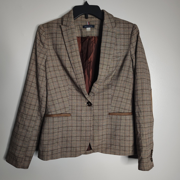 Tommy Hilfiger Brown Plaid Houndstooth Blazer Elbow Patch Academia Womens Size 6 - Picture 4 of 13